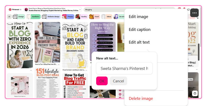 Pinterest image editing menu showing the option to add alt text for better accessibility and Pinterest SEO. Pinterest image editing menu showing the option to add alt text for better accessibility and Pinterest SEO.