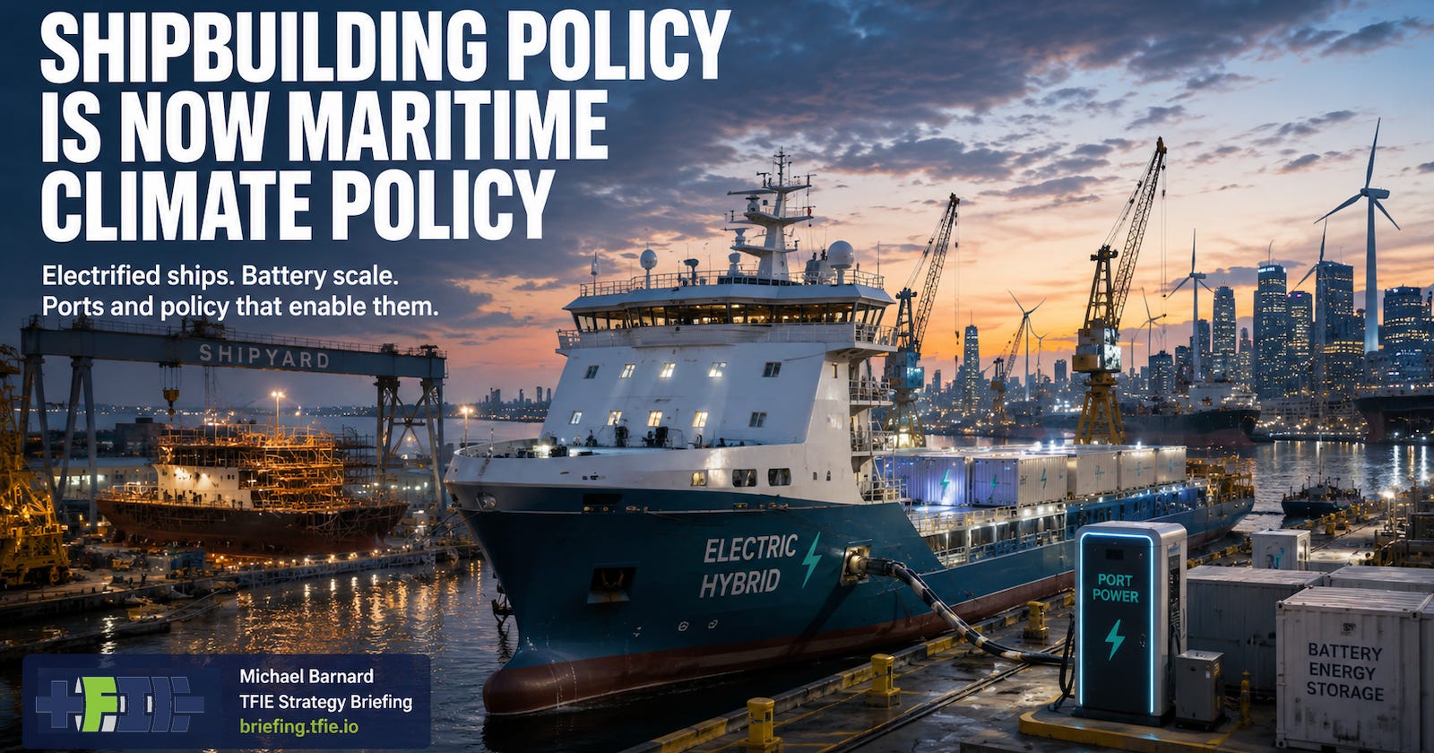 Electric hybrid cargo ship in an active shipyard at dusk, connected to port power with cranes, batteries and city infrastructure behind it.