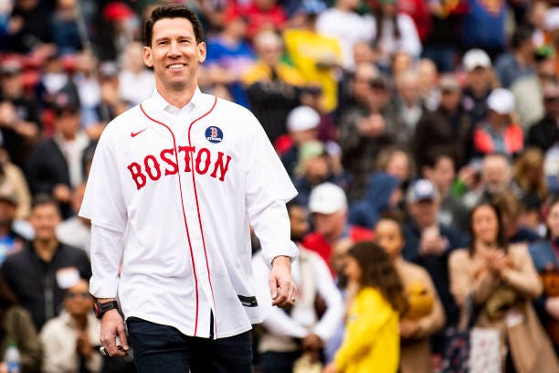 Former Boston Red Sox player Craig Breslow is introduced during a pre-game ceremony in recognition of the 10 year anniversary of the 2013 World...