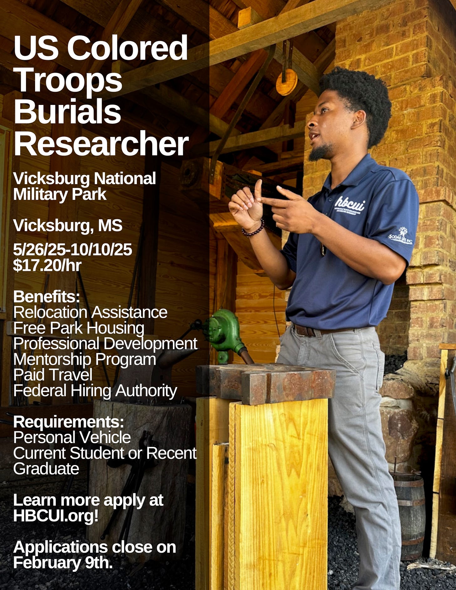 Background is a photo of a young man standing in front of a brick fireplace on a dirt floor near some sort of display. He is speaking to someone out of shot. The left side of the graphic has a column of text, the info from which is present in the caption.