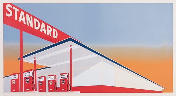 Ed Ruscha, Standard Station, 1966, painting of a gas station