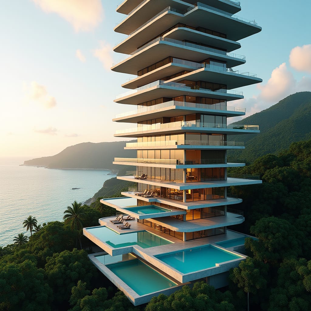 Sleek, modern Jamaican skyscraper in Ocho Rios, Jamaica, rising from the sea, with multiple levels of glimmering pools, expansive glass surfaces, and rugged concrete platforms, featuring dramatic protruding platforms at various heights, overlooking the turquoise Caribbean waters.