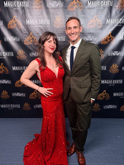 Photos of Meg & Ryan in the palm trees, at Charlize Theron's studio 54 themed house party, at a concert, at The Magic Castle where Meg wears a red sequin gown