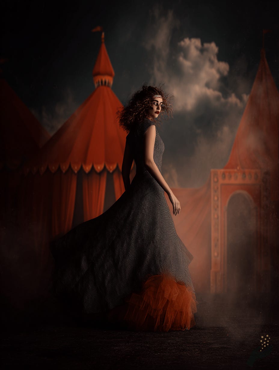 Surreal gothic image of a woman in a dark dress near a red circus tent under a smoky sky.