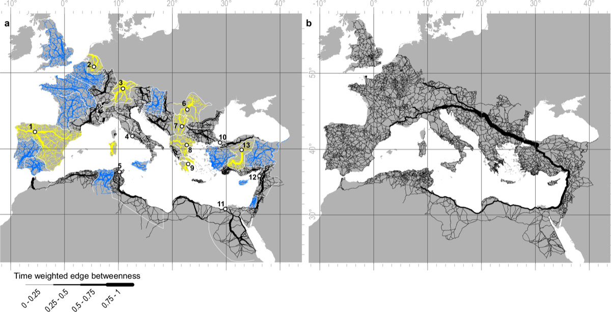 Network representation of the roads of the Roman Empire, with line width showing time-weighted edge betweenness Network representation of the roads of the Roman Empire, with line width showing time-weighted edge betweenness