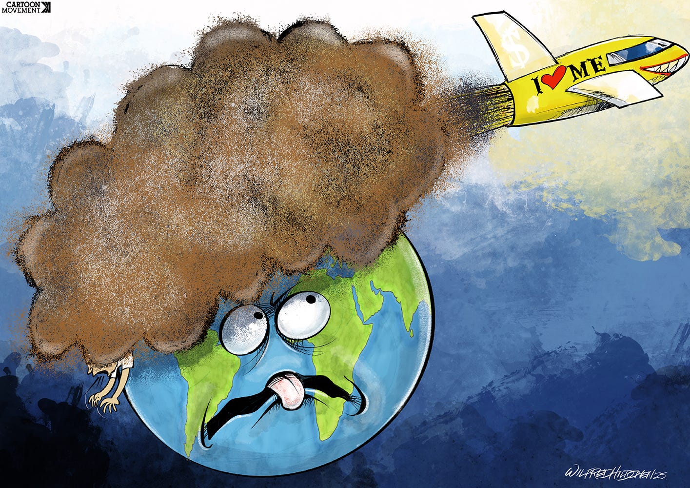 A golden spacecraft lifts from Earth, drowning it in filth. On the hull is written I heart Me…
