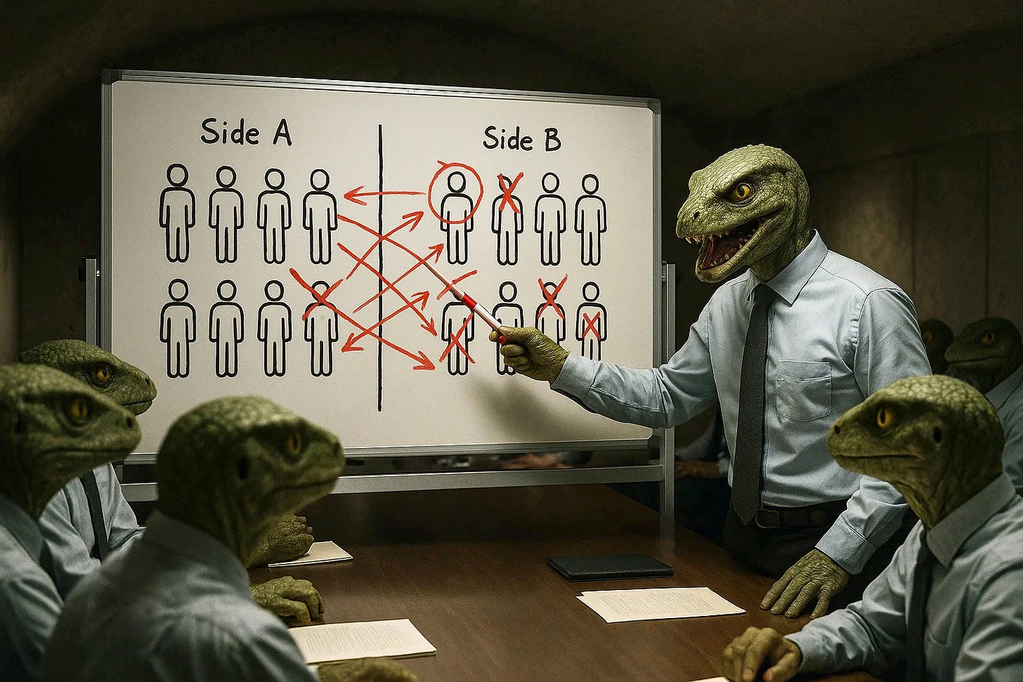 Global elite agenda meeting of reptilian businessmen in suits, leader pointing to whiteboard diagram of Side A vs. Side B with human pawns and red arrows. Global elite agenda meeting of reptilian businessmen in suits, leader pointing to whiteboard diagram of Side A vs. Side B with human pawns and red arrows.