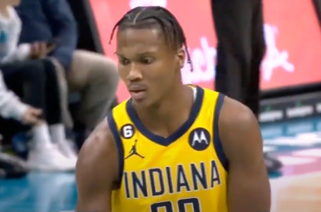 Pacers guard Bennedict Mathurin scored the Pacers’ first 10 points in the second and fourth quarters. Pacers guard Bennedict Mathurin scored the Pacers’ first 10 points in the second and fourth quarters.