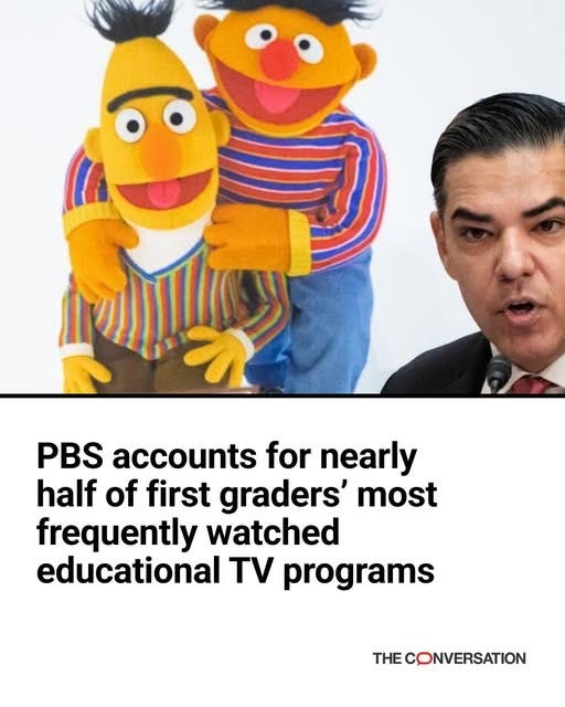 May be an image of 1 person, television and text that says 'PBS accounts for nearly half of first graders' most frequently watched educational TV programs THE CONVERSATION'