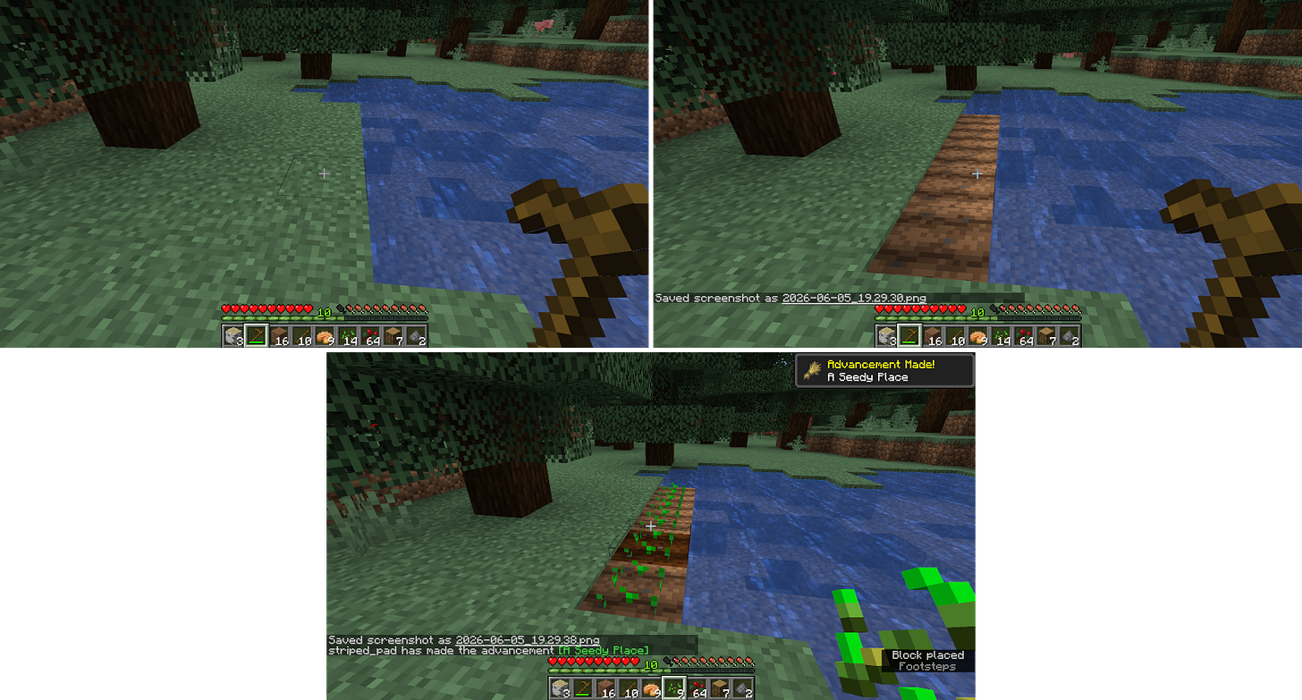 Top-left: grass blocks by a lake; hoe in hand, ready to use. Top-right: 5 blocks have been hoed, ready for planting. Bottom: Wheat shoots growing in prepared ground. Top-left: grass blocks by a lake; hoe in hand, ready to use. Top-right: 5 blocks have been hoed, ready for planting. Bottom: Wheat shoots growing in prepared ground.