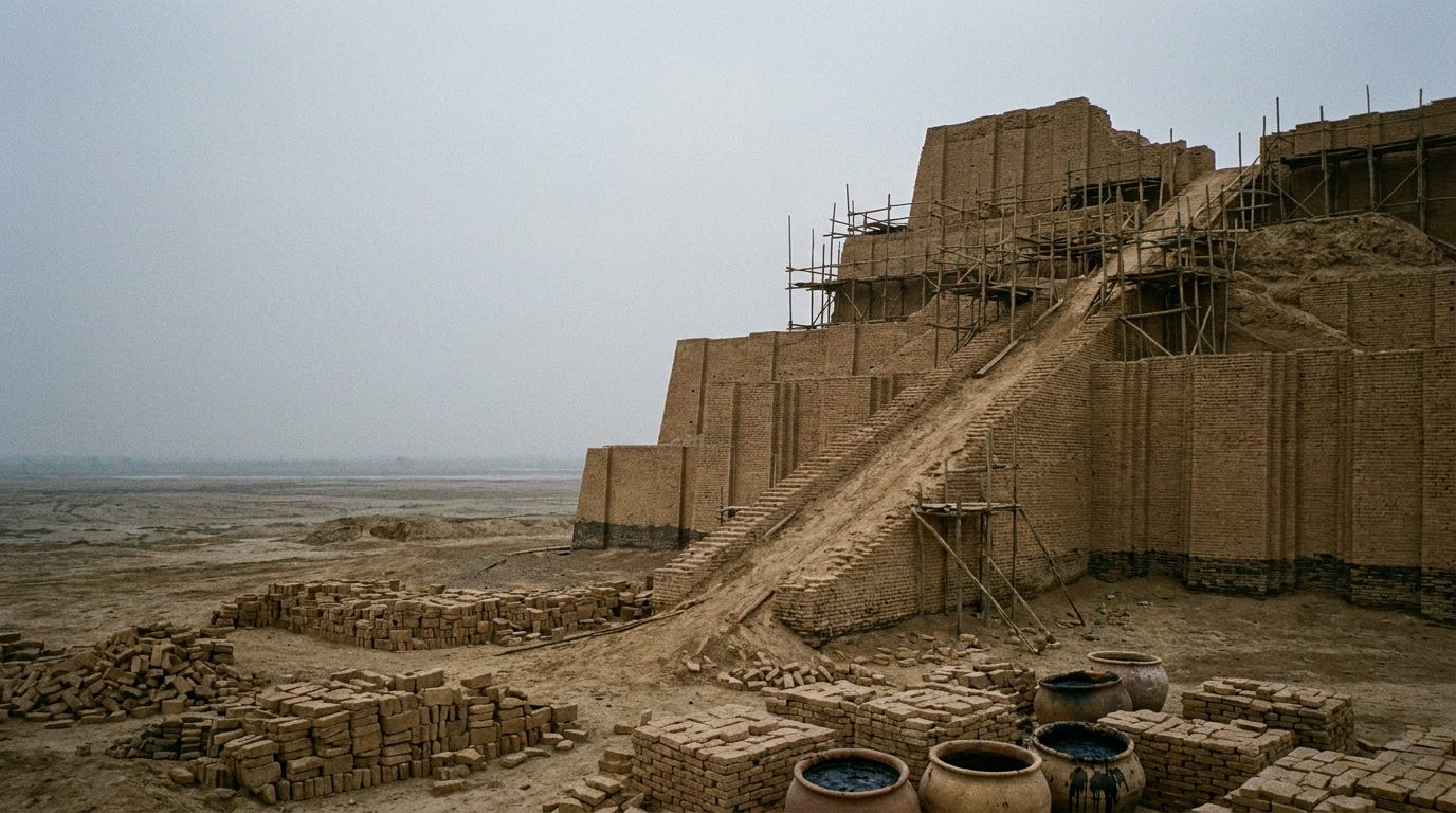 A vast half-built ziggurat of mud brick rising off a flat plain under a heavy sky, scaffolding and ramps abandoned mid-construction, no people, no faces, no text