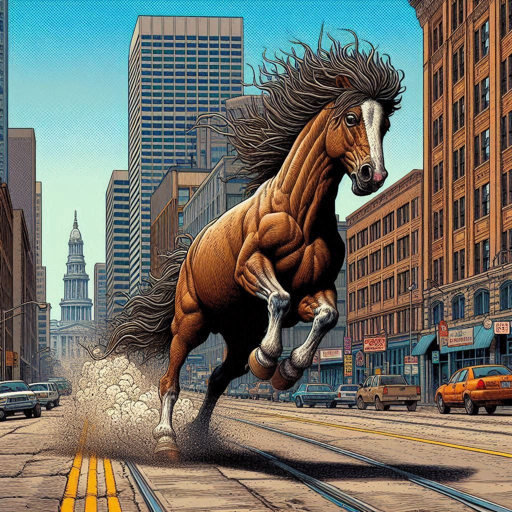 A Bronco running down the street in Denver in the style of robert crumb