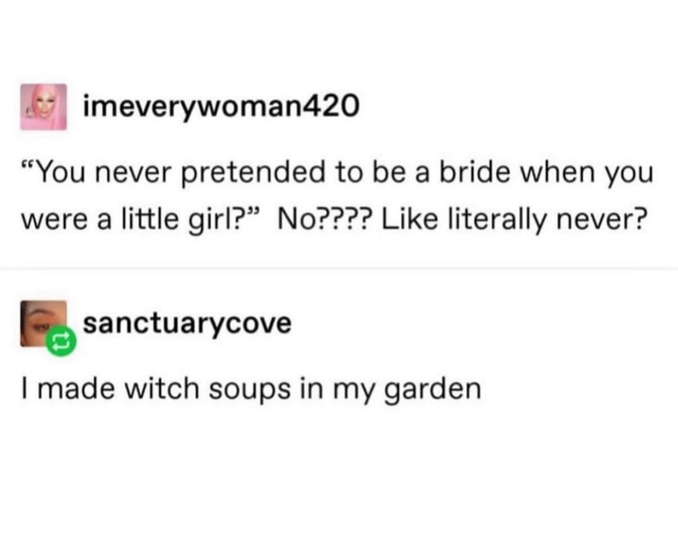 May be an image of 2 people and text that says 'imeverywoman420 "You never pretended to be a bride when you were a little girl?" No???? Like literally never? sanctuarycove I made witch soups in my garden'