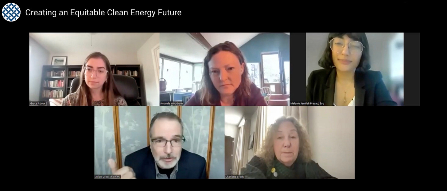 DFP’s Grace Adcox (top left) facilitates panel on embedding community engagement and climate infrastructure development. Amanda Woodrum (top middle), Melanie Jamileh Prasad, Esq. (top right), Julian Gross, Esq. (bottom left), and Charlotte Brody (bottom right) also participated in this panel discussion. DFP’s Grace Adcox (top left) facilitates panel on embedding community engagement and climate infrastructure development. Amanda Woodrum (top middle), Melanie Jamileh Prasad, Esq. (top right), Julian Gross, Esq. (bottom left), and Charlotte Brody (bottom right) also participated in this panel discussion.