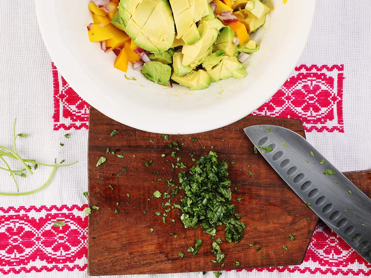 copped cilantro on cutting board