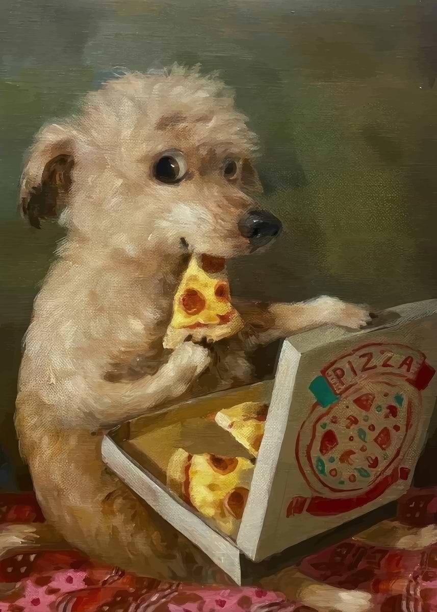 Dog Eating Pizza' Poster, picture, metal print, paint by MOSSBERG | Displate