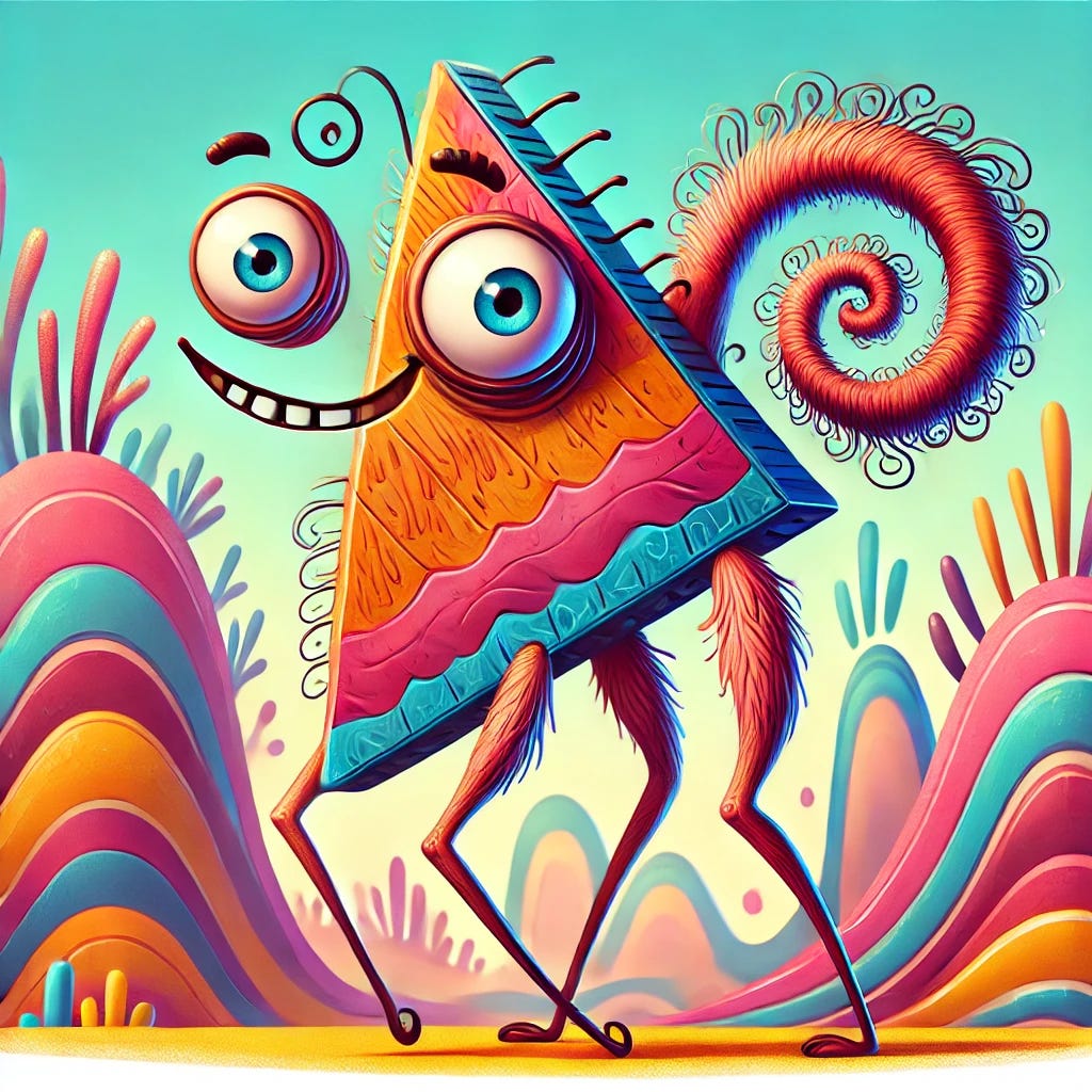 A humorous and whimsical animal called a Trapezium, with an asymmetrical trapezoid-shaped body, long spindly legs, and a giant curly tail. The creature has a silly grin, oversized googly eyes, and tiny wings on its back that seem useless for flying. It stands in a vibrant, cartoon-like environment with wavy, colorful hills and exaggerated plants. The overall feel is playful and absurd, with a focus on bright, bold colors and a lighthearted tone.