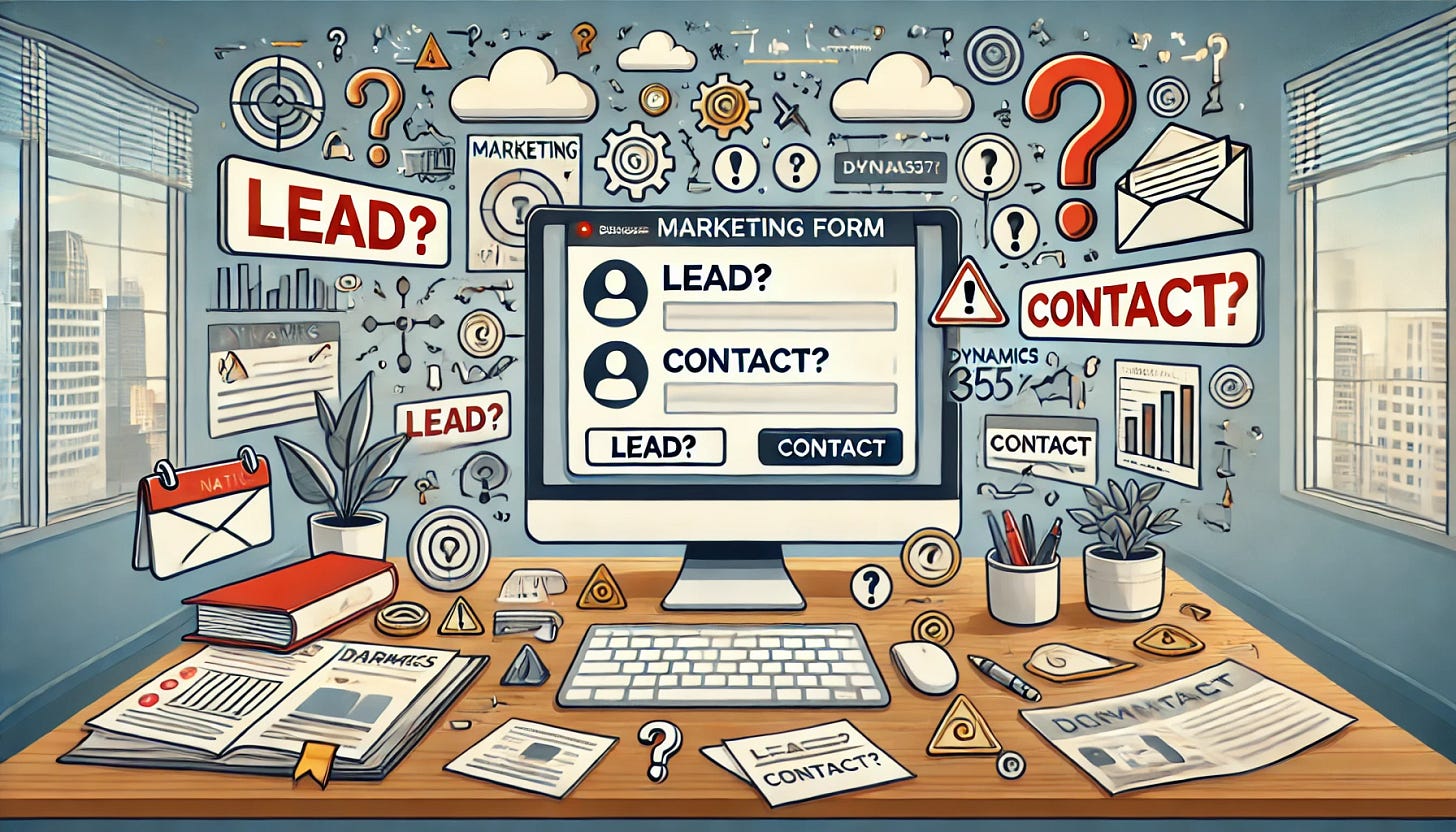 A landscape illustration depicting the challenge or confusion around submitting a marketing form that creates either a lead or a contact in Dynamics 365. The scene shows a digital marketer’s workspace with a computer screen displaying a marketing form with options for ‘Lead’ and ‘Contact,’ surrounded by symbols of confusion such as question marks, exclamation points, and a few warning icons. The workspace includes a few scattered notes and a sticky note with ‘Lead?’ and ‘Contact?’ to represent the choice dilemma. The background is a modern office environment, with subtle corporate branding, indicating a professional setting.