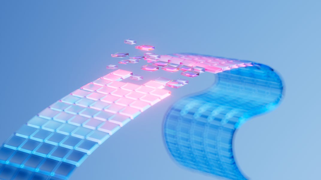 A glowing, pixelated blue and pink ribbon curves across a light blue background. The ribbon appears to be made of individual squares, with some of the pink squares near the center breaking away and scattering, suggesting a dynamic process of change or repair.