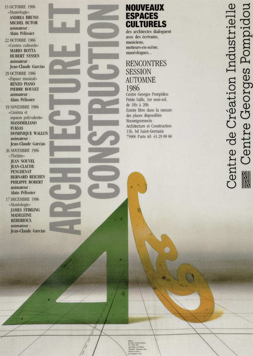 Jean Widmer, Architecture et construction, Nouveaux espaces culturels, des architectes dialoguent avec des écrivains, musiciens, metteurs en scène, muséologues…, Rencontres, sessions automne, Illustration by Dominique Appia, Centre Pompidou, Paris, 1986 [© Centre Pompidou / ADAGP, Paris]