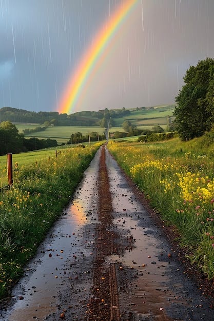View of beautiful rainbow appearing at the end of a road