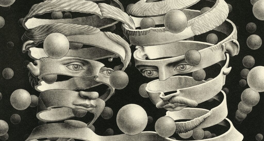 M.C. Escher, Bond of Union, 1956: a man’s and a woman’s heads made of one spiralling ribbon, floating among spheres M.C. Escher, Bond of Union, 1956: a man’s and a woman’s heads made of one spiralling ribbon, floating among spheres