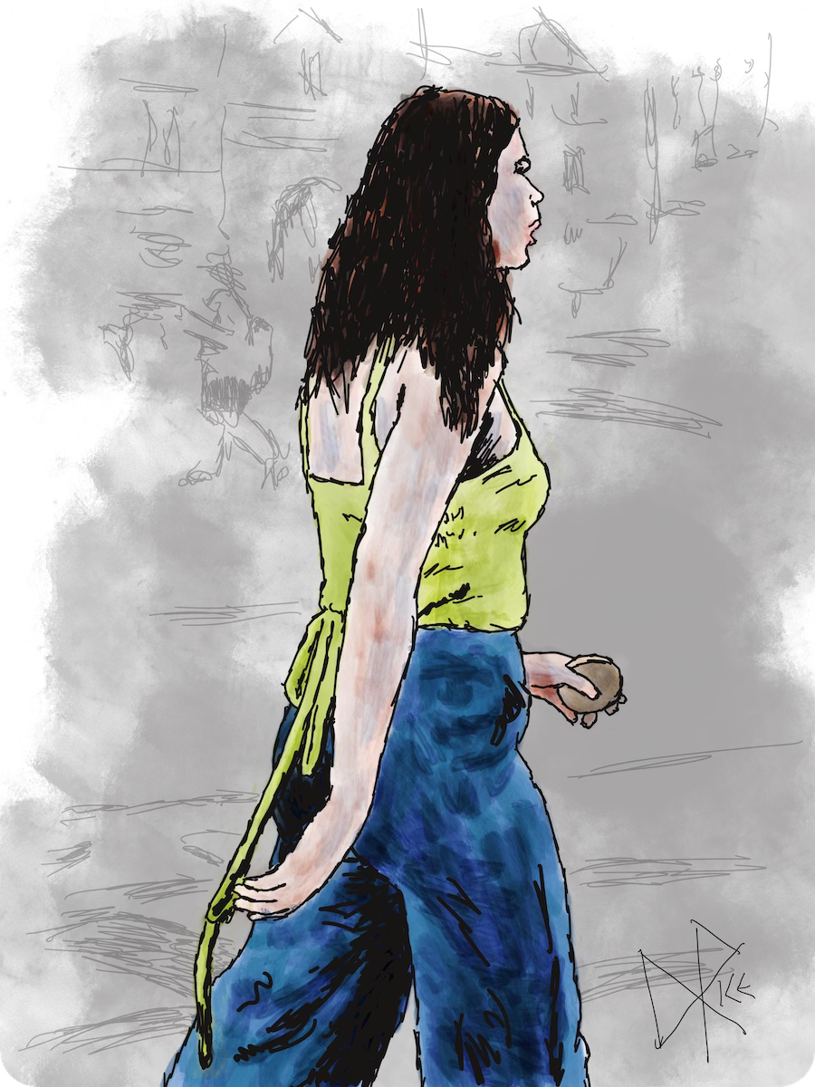 A woman walking with real intention to get somewhere, but still properly soaking in the greatness around her. Sketch art by Don Rice. A woman walking with real intention to get somewhere, but still properly soaking in the greatness around her. Sketch art by Don Rice.