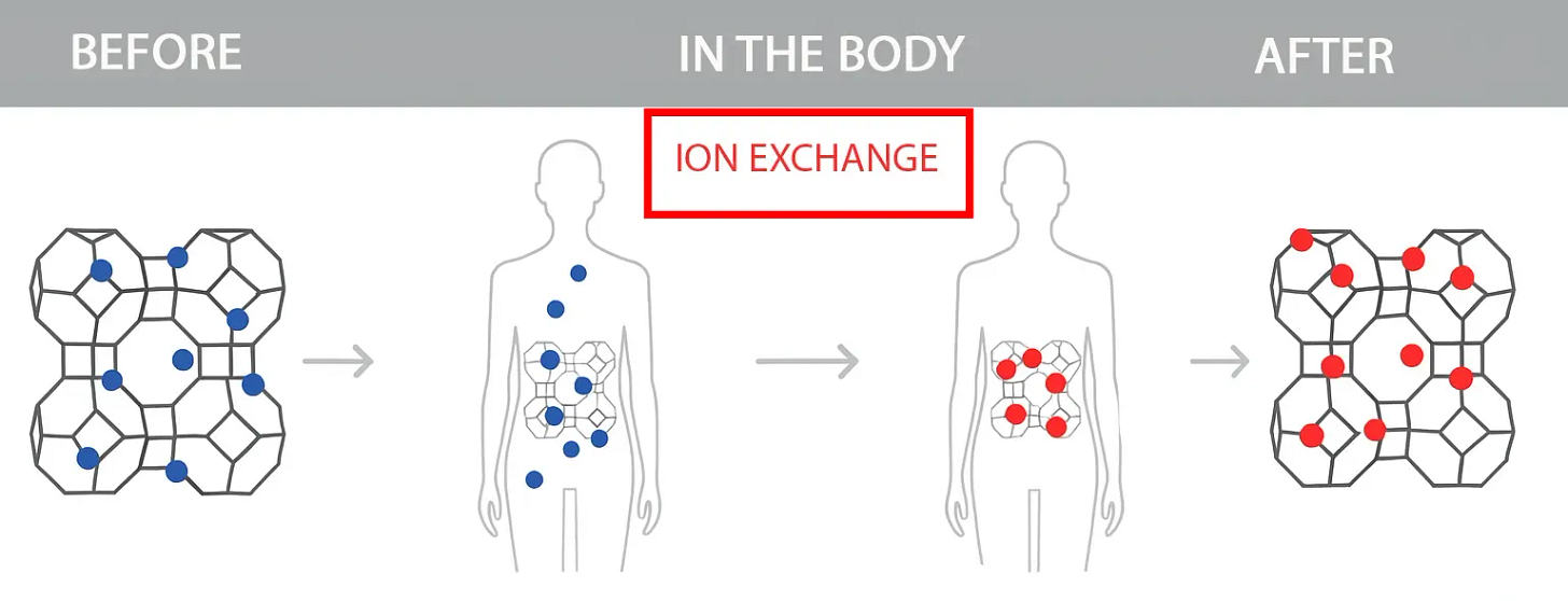 Infographic showing how PMA-zeolite works in the gut: ion exchange, release of minerals, binding of toxins, and excretion through the stool. Infographic showing how PMA-zeolite works in the gut: ion exchange, release of minerals, binding of toxins, and excretion through the stool.