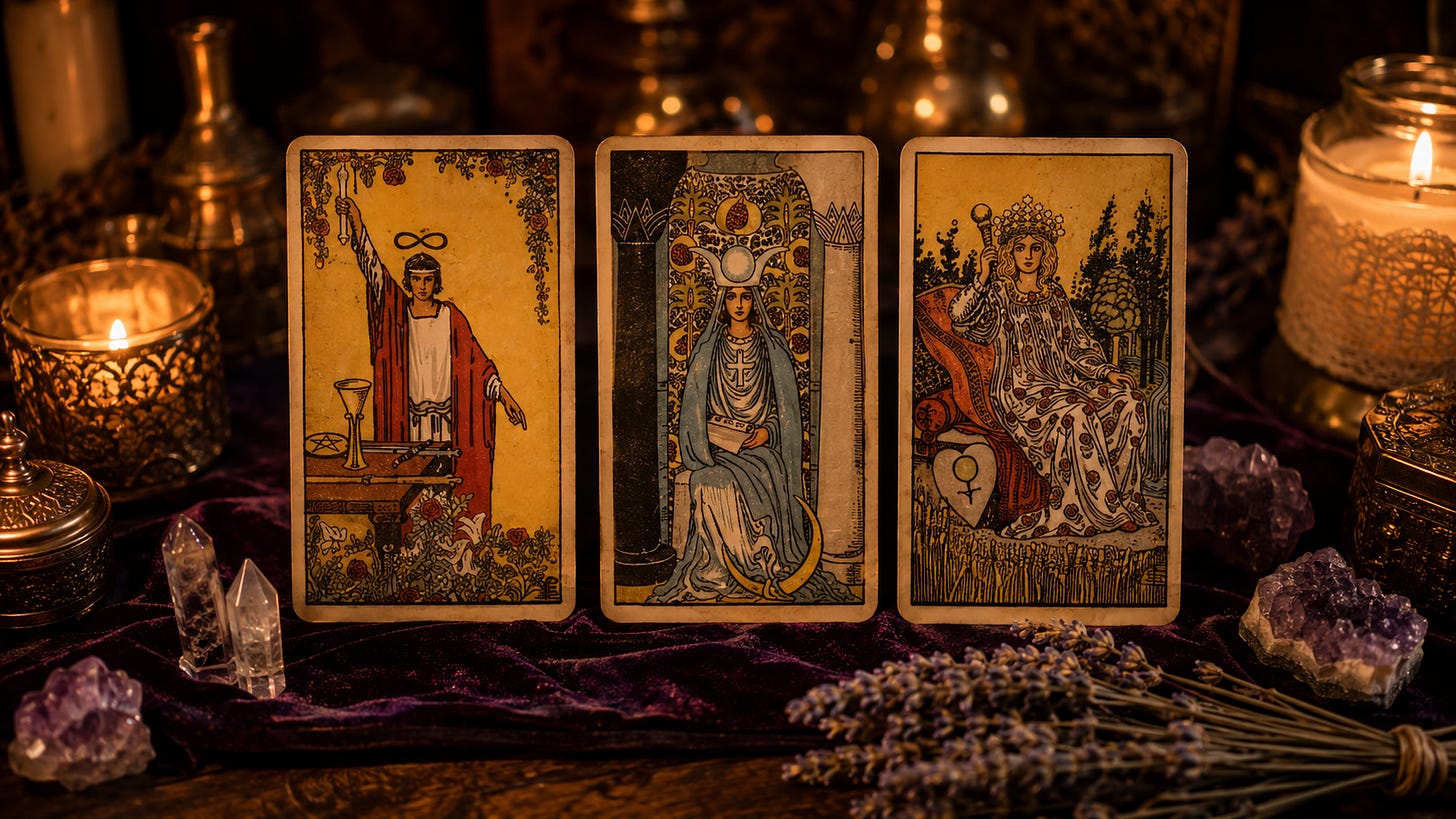 Three Major Arcana cards standing upright side by side, framed by candlelight and amethyst crystals.