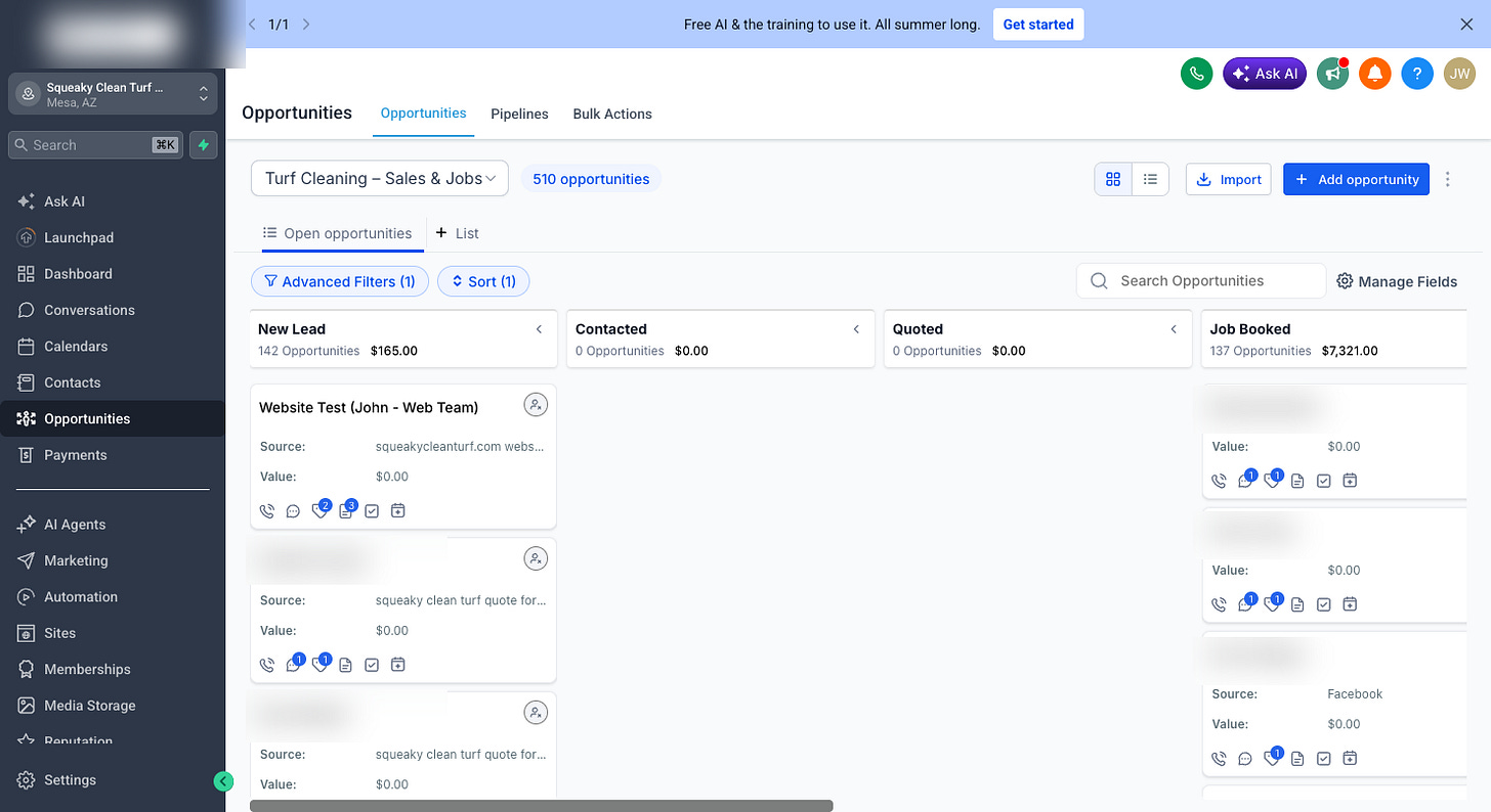 The GoHighLevel sales pipeline board with a live test lead labeled Website Test sitting in the New Lead stage, customer names blurred for privacy The GoHighLevel sales pipeline board with a live test lead labeled Website Test sitting in the New Lead stage, customer names blurred for privacy