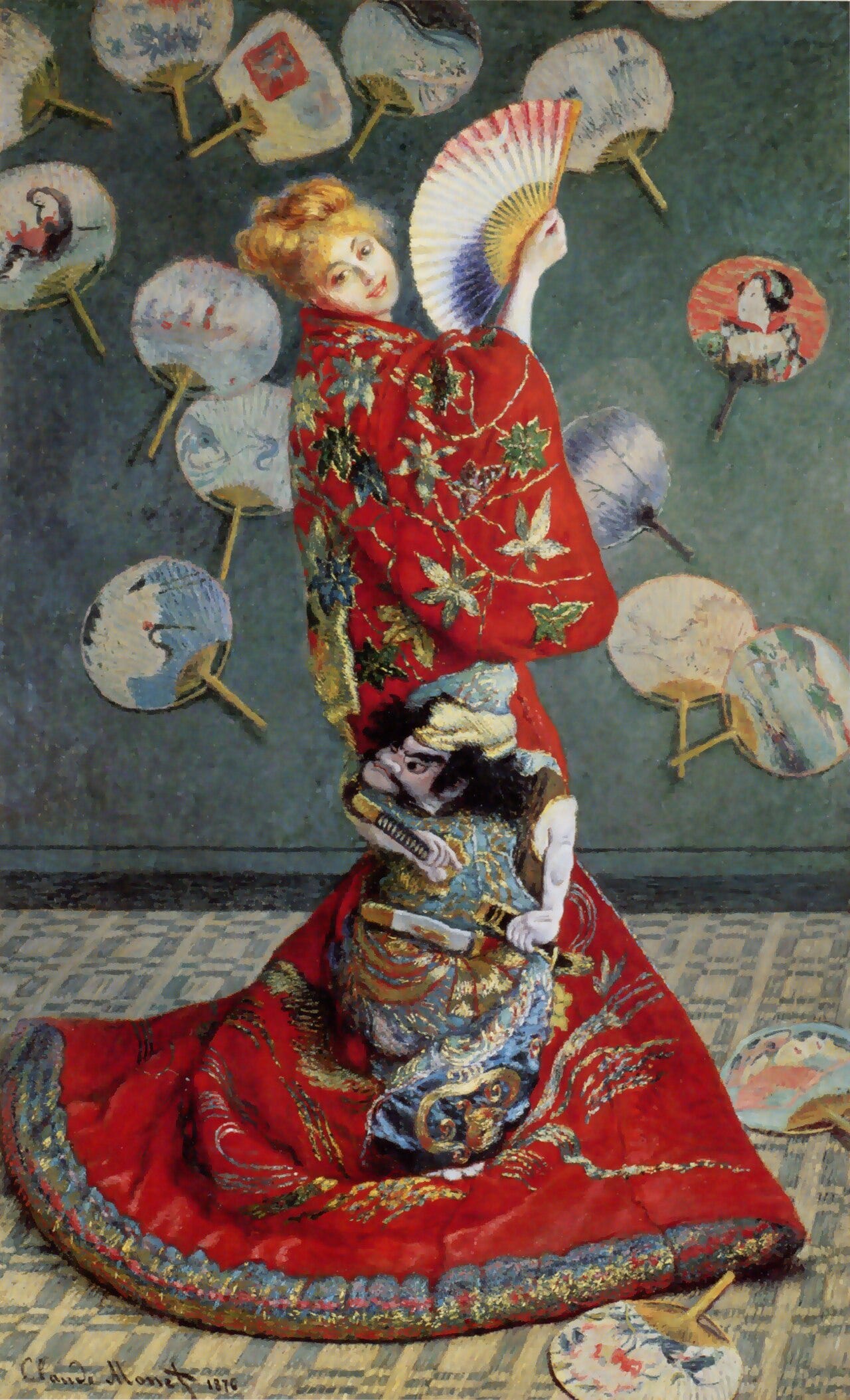 Monet, La Japonaise, Camille in a red kimono before a wall of fans Monet, La Japonaise, Camille in a red kimono before a wall of fans