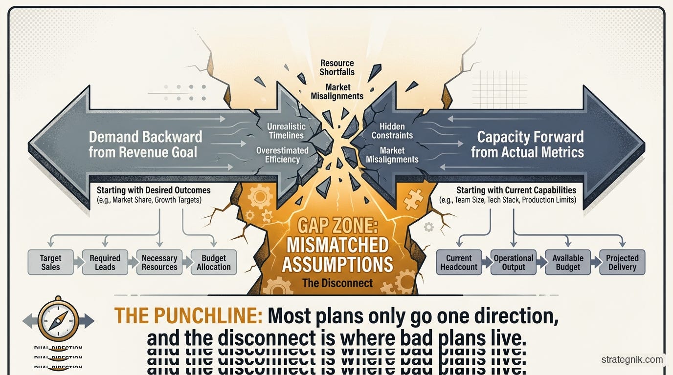 The dual-direction gap — demand-backward targets versus capacity-forward reality