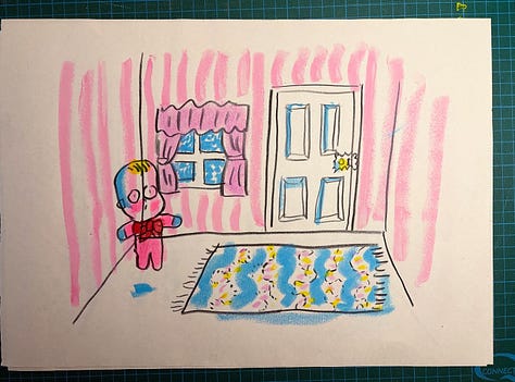 drawings of a funny spooky ghost baby floating around a room