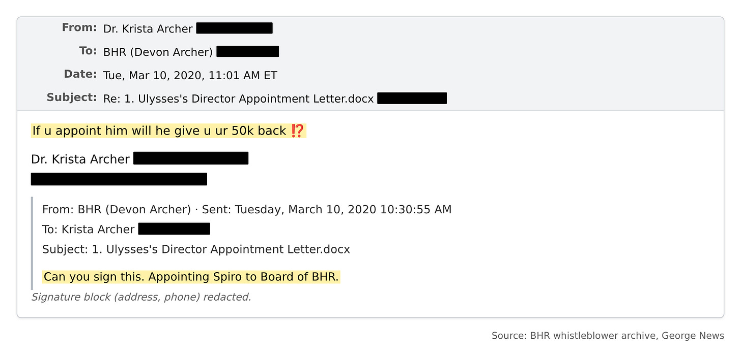 Email, March 10, 2020: “If u appoint him will he give u ur 50k back”