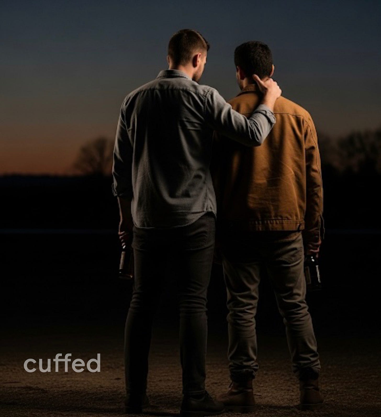 two men stand side by side at dusk, one resting a hand on the other's shoulder, both holding beer bottles, silhouetted against a fading sky, with the word "cuffed" in the bottom left