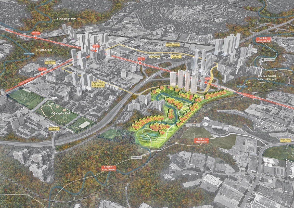 Aerial rendering of the proposed residential towers and park built on the site of the Flemingdon Golf Course