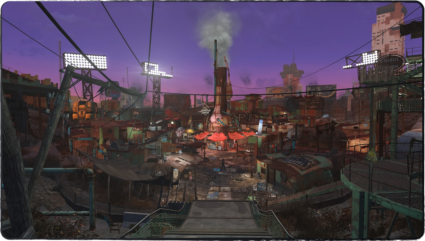 A screenshot from Fallout 4 showing the view of Diamond City!