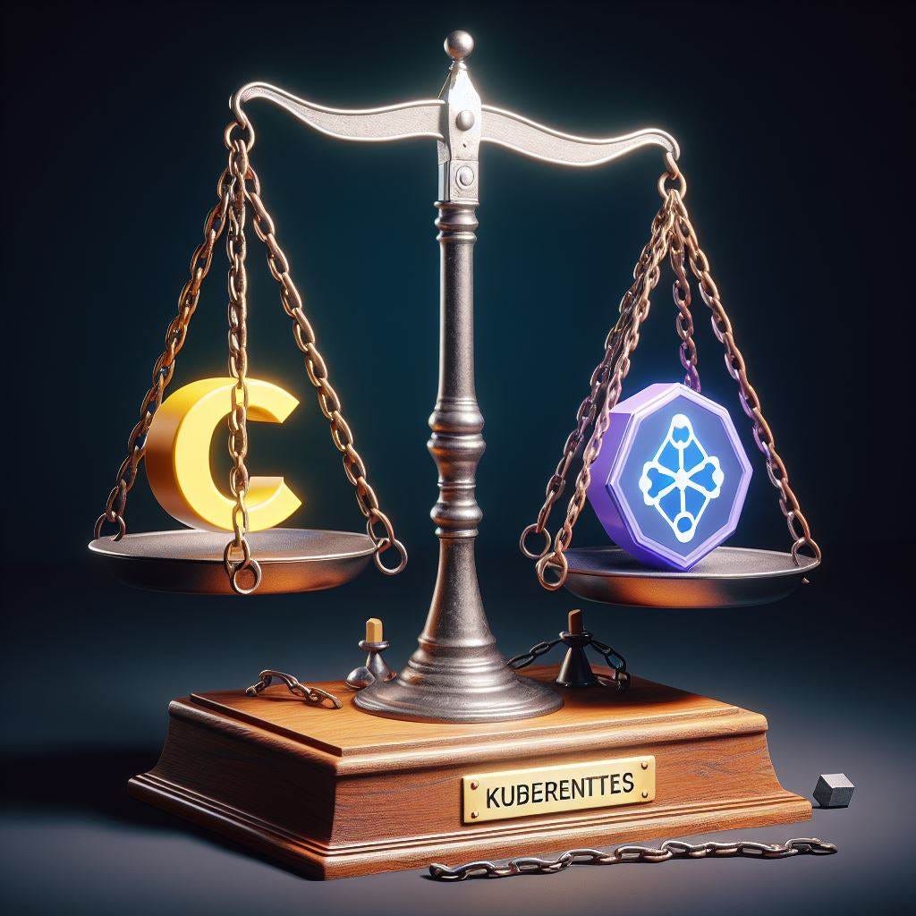 A dramatically-lit scale with a glowing "C" on one side and a purple 8-sided block with a blue diagram in the middle on the other.  The sign at the base of the scale reads "KUBERENTTES".  There is a broken chain on the ground.