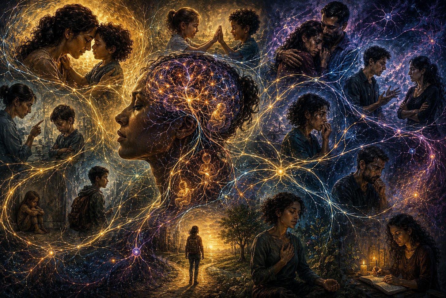 interconnected scenes of childhood distress, conflict, emotional withdrawal, repair, reflection, and healing woven through a glowing neural network surrounding a central human figure, representing trauma-based architecture, memory, attachment, perception, and evolving consciousness.
