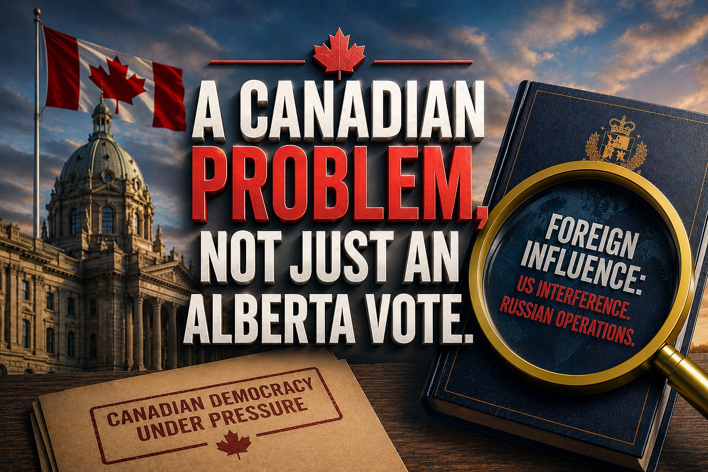 Graphic showing the Alberta Legislature, a Canadian flag, large text reading ‘A Canadian Problem, Not Just an Alberta Vote,’ and a magnifying glass over the words ‘Foreign Influence: US Interference. Russian Operations.