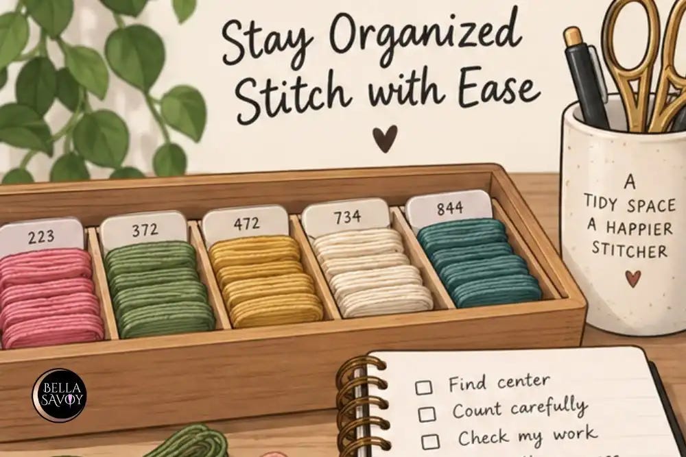 Organized embroidery floss sorted by color in a wooden tray beside scissors, a pen, and a checklist for keeping track of a cross stitch project.