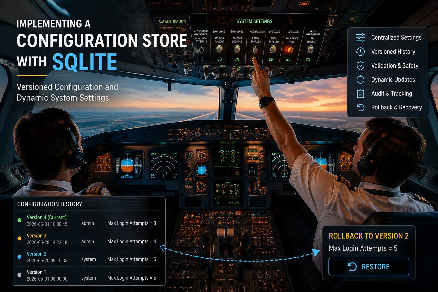 Aircraft cockpit illustrating versioned SQLite configuration, dynamic settings, and rollback. Aircraft cockpit illustrating versioned SQLite configuration, dynamic settings, and rollback.