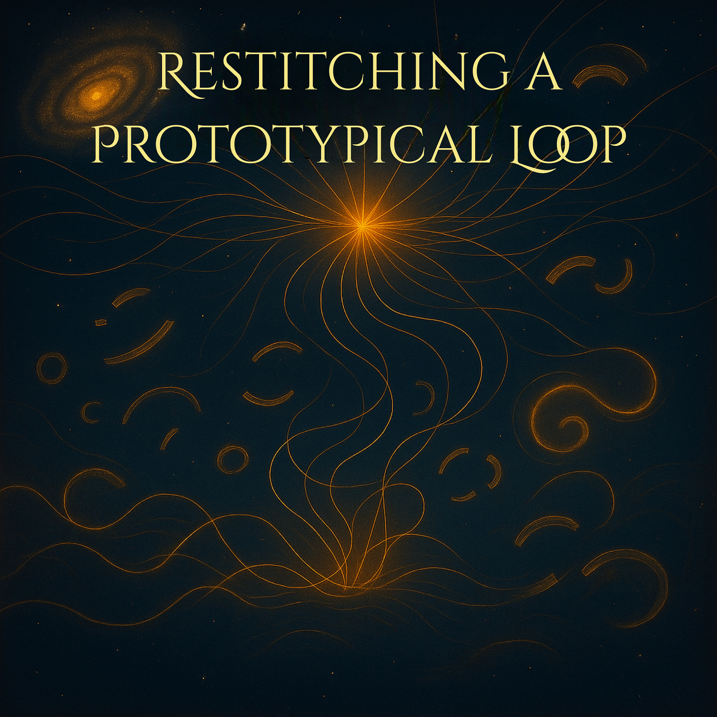 A radiant golden star-like core emits flowing lines of light that weave through space, drawing scattered glowing fragments and spiral forms back into harmony. Above, a distant galaxy watches as the luminous threads reconnect and reform a unified structure. The title “Restitching a Prototypical Loop” appears above the scene.