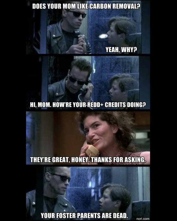 Four-panel Terminator 2 phone scene. "Does your mom like carbon removal?" "Yeah, why?" "Hi, Mom. How're your REDD+ credits doing?" "They're great, honey. Thanks for asking." "Your foster parents are dead."