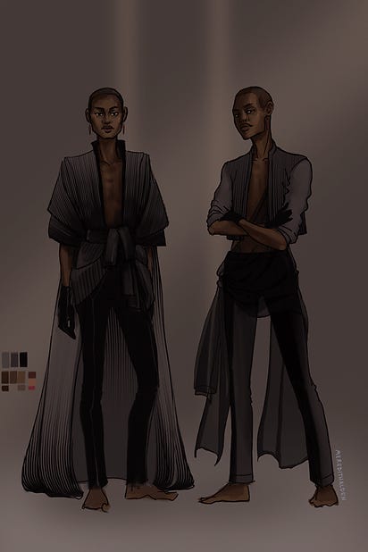 Two people stand confidently in flowing dark robes. Neutral background, minimalist style, with visible fabric textures and calm expressions. Two people stand confidently in flowing dark robes. Neutral background, minimalist style, with visible fabric textures and calm expressions.