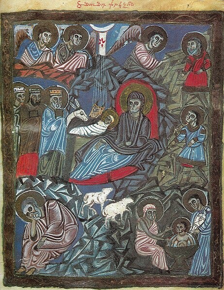 Nativity scenes, predominantly blues and grays, sketched in thick lines almost ghoulish to the modern eye Nativity scenes, predominantly blues and grays, sketched in thick lines almost ghoulish to the modern eye