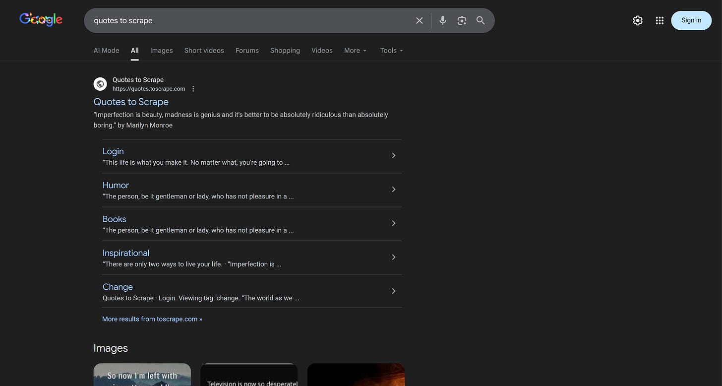 Searching “quotes to scrape” on Google Searching “quotes to scrape” on Google