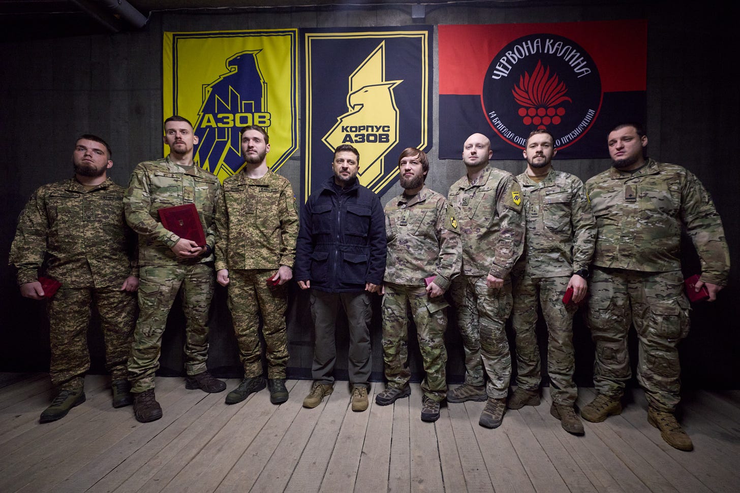 Ukraine's forever-President Vladimir Zelensky, pictured with the far-right neo-Nazi "Azov" group.