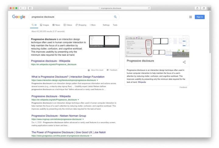 Progressive disclosure example from Google Search