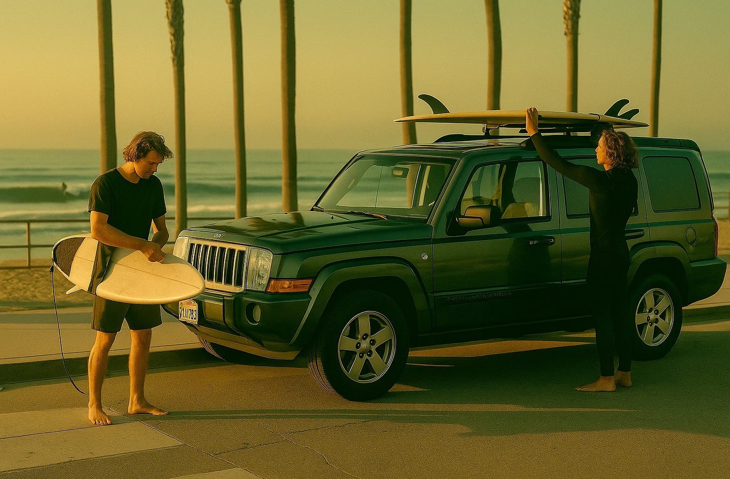 Two surfers laughing, waxing boards in early light, “Catching” faintly reflected above them.